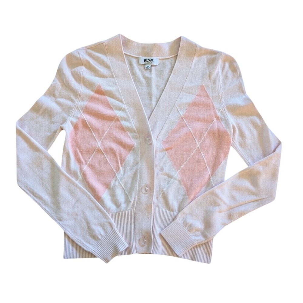 525 America Womens Pink Argyle V-Neck Button Front Cardigan Sweater XS